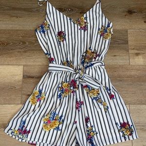 striped floral belted romper